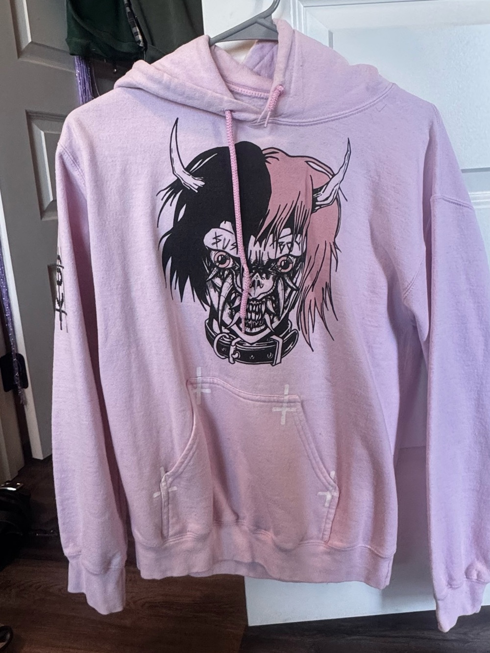 Pastel Pink Demon Skull Graphic Hoodie with Hood and Kangaroo Pocket